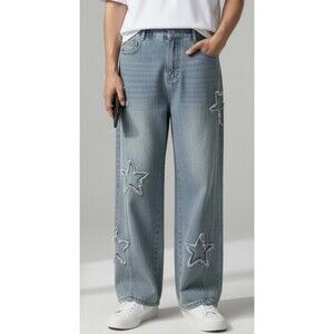 Girls 14Y Light Wash Wide Leg Jeans Distressed Star Patch Denim
